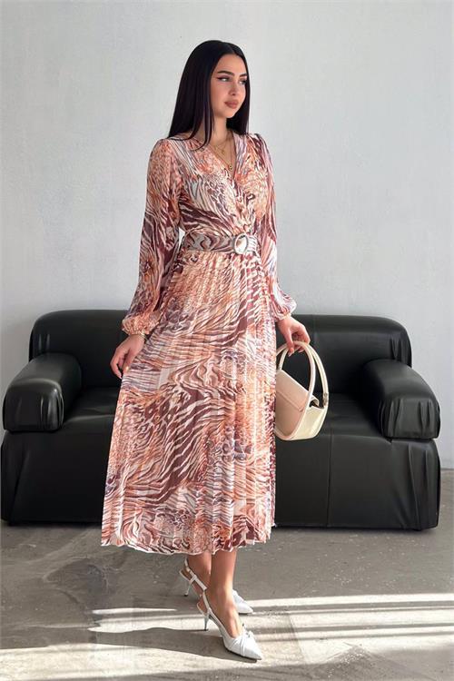 Dipmoda kadın kruvaze yaka piliseli midi şifon elbise DPNBK3029