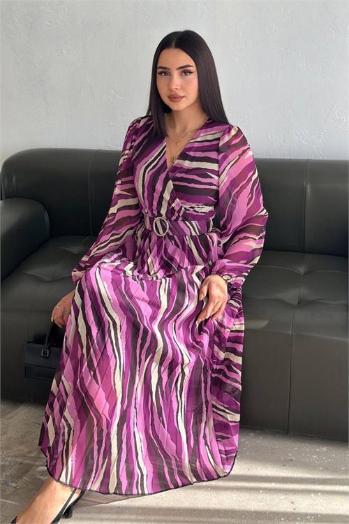 Dipmoda kadın kruvaze yaka piliseli midi şifon elbise DPNBK3029