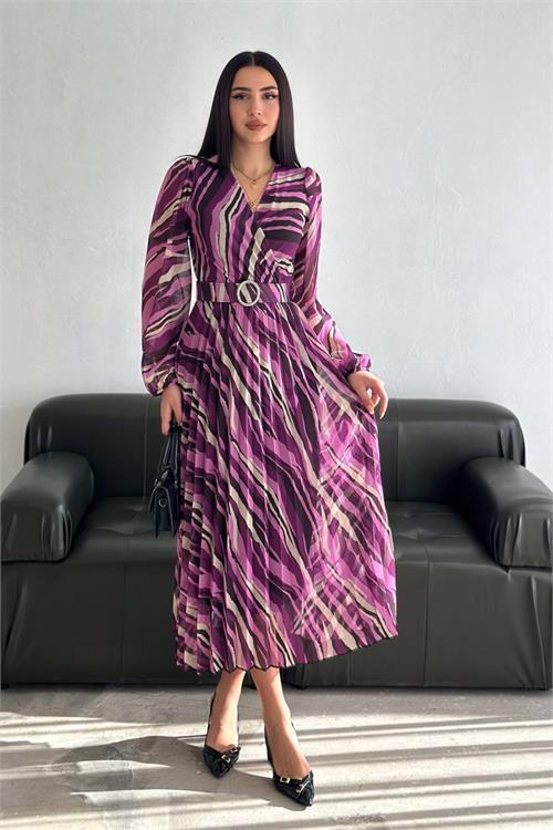 Dipmoda kadın kruvaze yaka piliseli midi şifon elbise DPNBK3029