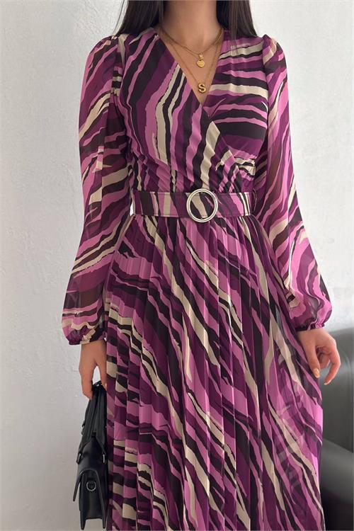 Dipmoda kadın kruvaze yaka piliseli midi şifon elbise DPNBK3029