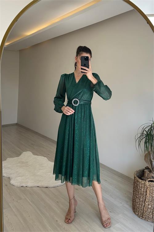 Dipmoda kadın kruvaze yaka tokalı midi boy ışıltılı elbise NM009