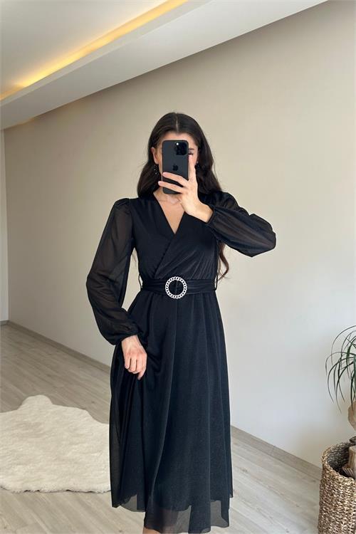 Dipmoda kadın kruvaze yaka tokalı midi boy ışıltılı elbise NM009