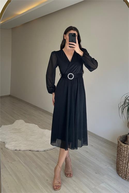 Dipmoda kadın kruvaze yaka tokalı midi boy ışıltılı elbise NM009