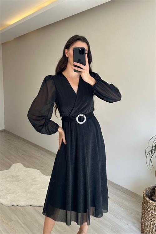 Dipmoda kadın kruvaze yaka tokalı midi boy ışıltılı elbise NM009