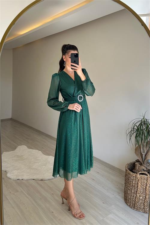 Dipmoda kadın kruvaze yaka tokalı midi boy ışıltılı elbise NM009