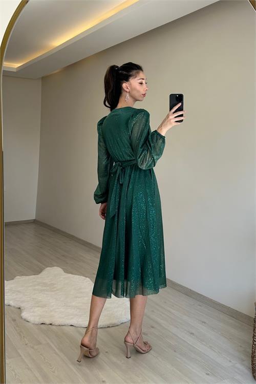 Dipmoda kadın kruvaze yaka tokalı midi boy ışıltılı elbise NM009