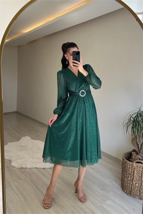 Dipmoda kadın kruvaze yaka tokalı midi boy ışıltılı elbise NM009