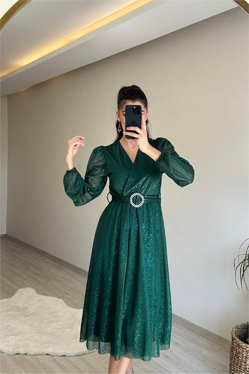 Dipmoda kadın kruvaze yaka tokalı midi boy ışıltılı elbise NM009