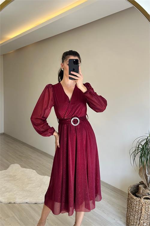 Dipmoda kadın kruvaze yaka tokalı midi boy ışıltılı elbise NM009