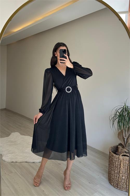 Dipmoda kadın kruvaze yaka tokalı midi boy ışıltılı elbise NM009