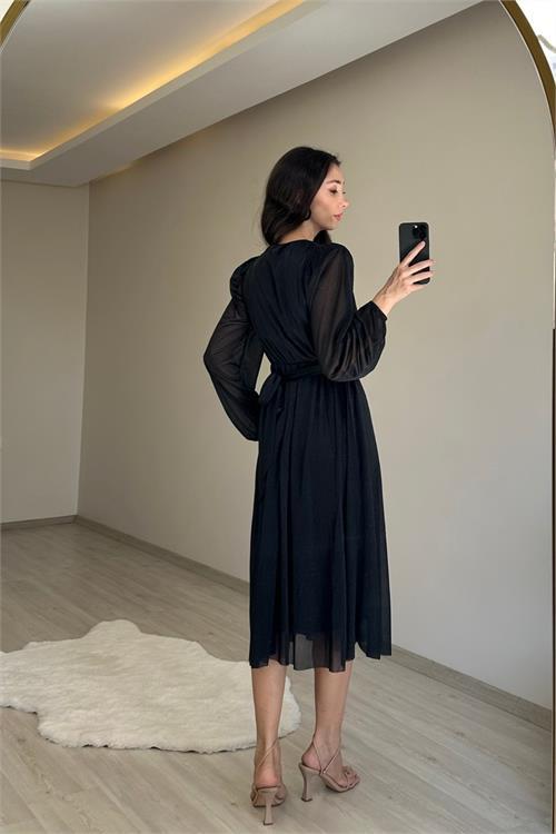 Dipmoda kadın kruvaze yaka tokalı midi boy ışıltılı elbise NM009