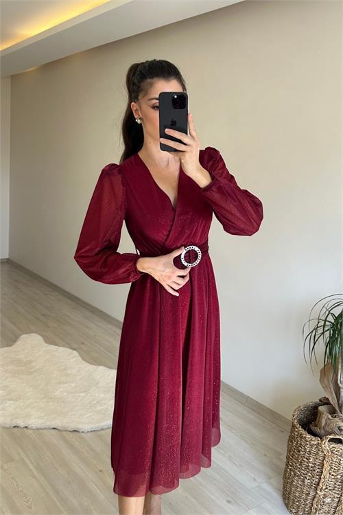 Dipmoda kadın kruvaze yaka tokalı midi boy ışıltılı elbise NM009