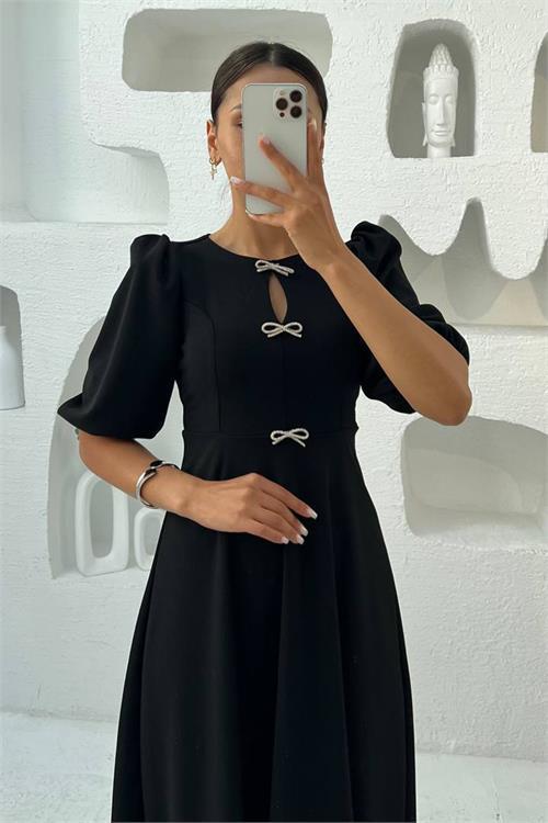 Dipmoda kadın kurdele detaylı midi boy balon kol elbise DPMY3578