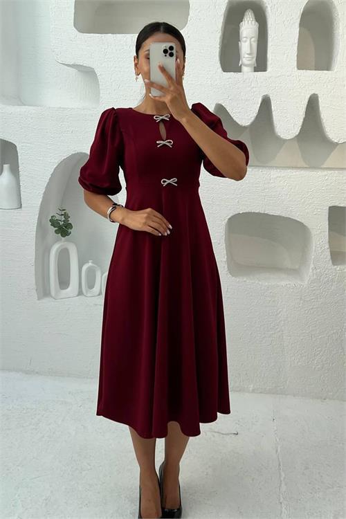 Dipmoda kadın kurdele detaylı midi boy balon kol elbise DPMY3578