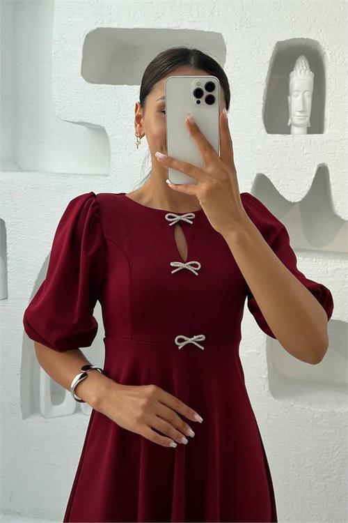 Dipmoda kadın kurdele detaylı midi boy balon kol elbise DPMY3578