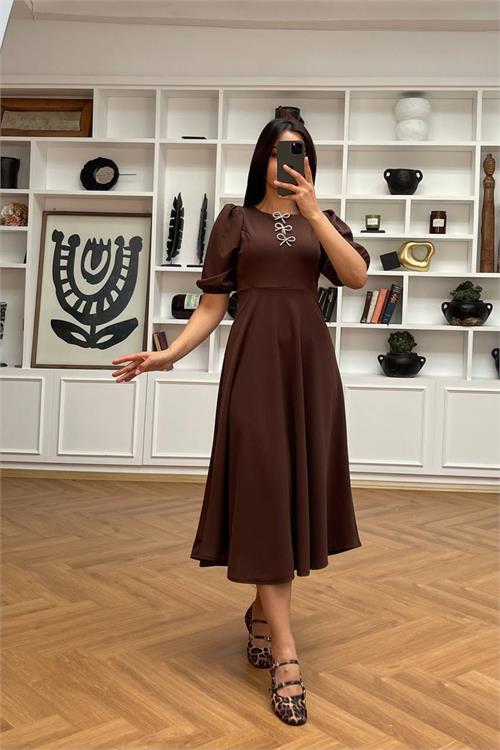 Dipmoda kadın kurdele detaylı midi boy balon kol elbise DPMY3578