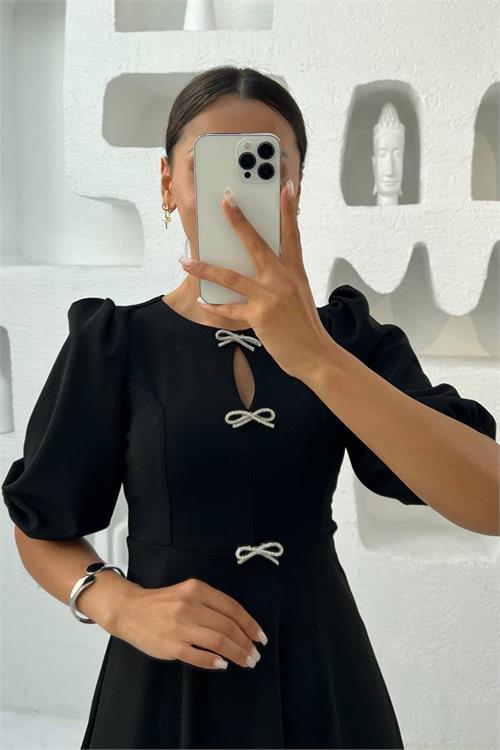 Dipmoda kadın kurdele detaylı midi boy balon kol elbise DPMY3578