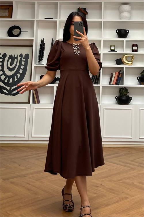 Dipmoda kadın kurdele detaylı midi boy balon kol elbise DPMY3578