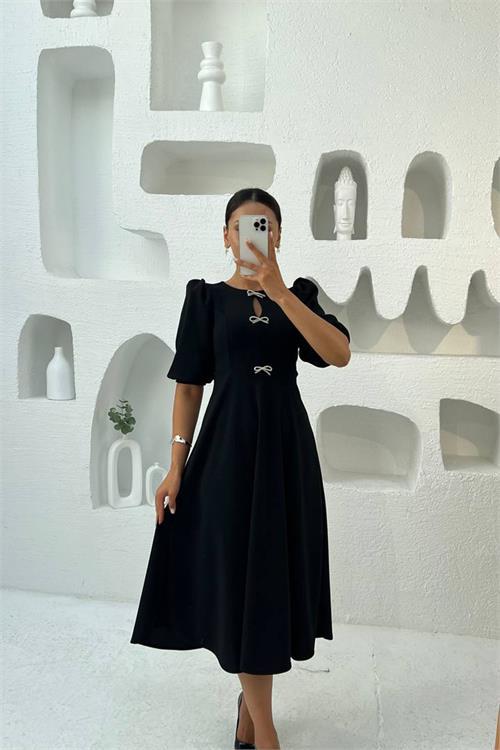 Dipmoda kadın kurdele detaylı midi boy balon kol elbise DPMY3578