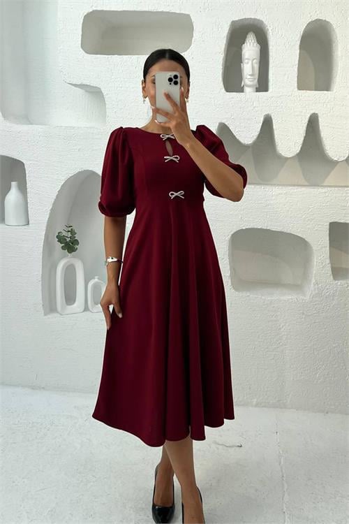 Dipmoda kadın kurdele detaylı midi boy balon kol elbise DPMY3578