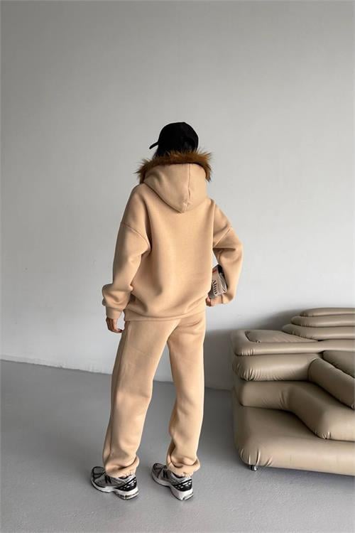 Dipmoda kadın kürk kapüşonlu 3 iplik oversize eşofman takımı DPTQ001