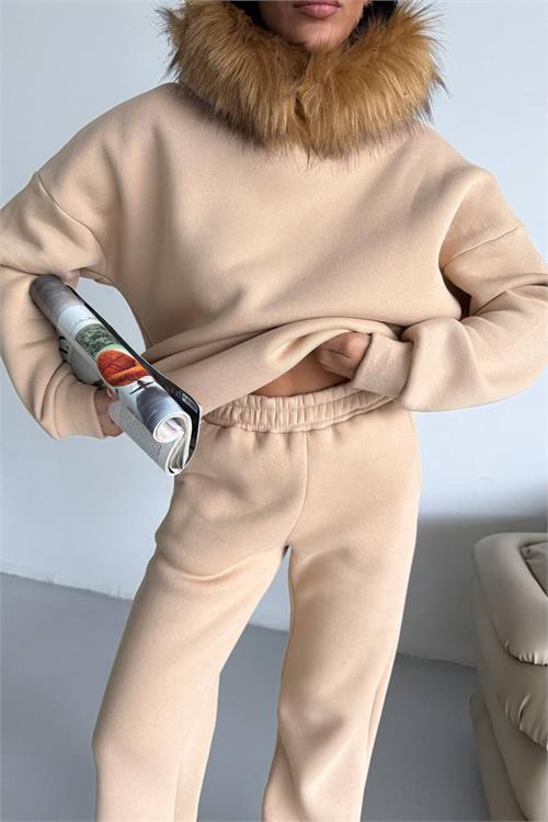 Dipmoda kadın kürk kapüşonlu 3 iplik oversize eşofman takımı DPTQ001