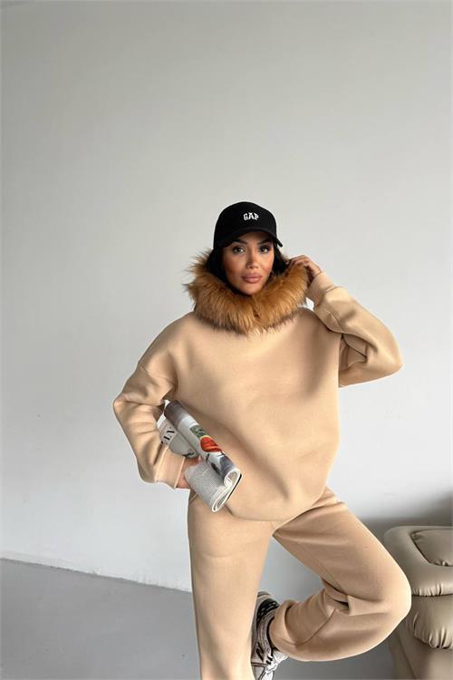 Dipmoda kadın kürk kapüşonlu 3 iplik oversize eşofman takımı DPTQ001