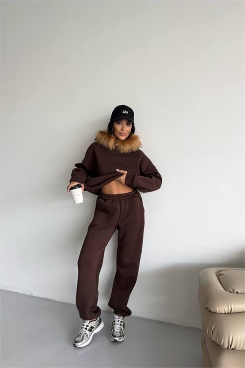 Dipmoda kadın kürk kapüşonlu 3 iplik oversize eşofman takımı DPTQ001