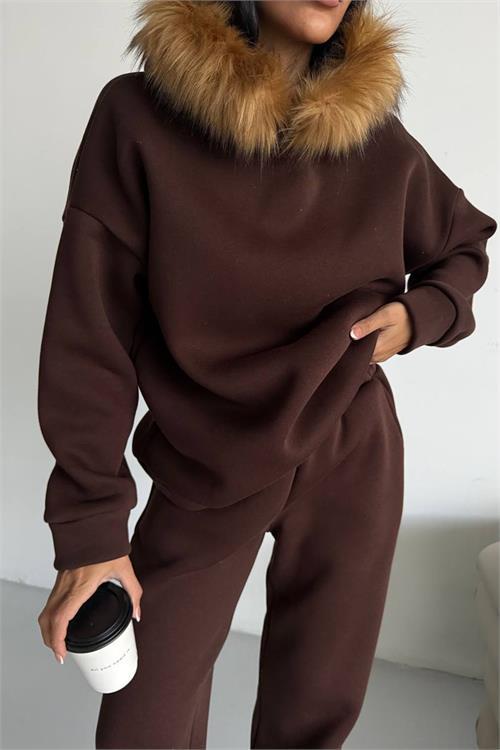 Dipmoda kadın kürk kapüşonlu 3 iplik oversize eşofman takımı DPTQ001