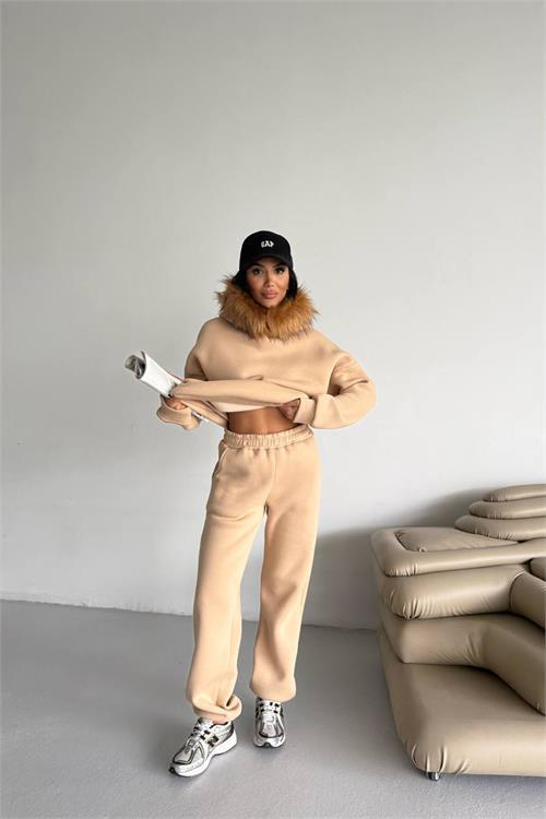 Dipmoda kadın kürk kapüşonlu 3 iplik oversize eşofman takımı DPTQ001