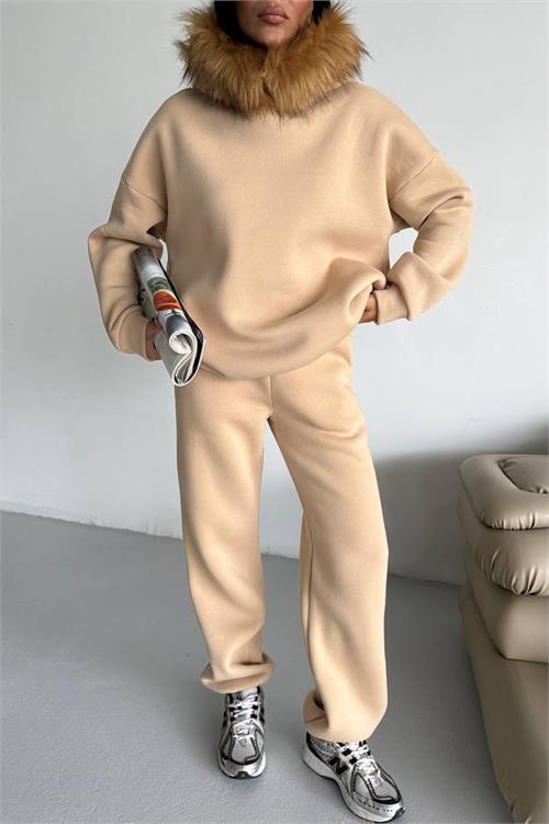 Dipmoda kadın kürk kapüşonlu 3 iplik oversize eşofman takımı DPTQ001