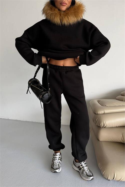 Dipmoda kadın kürk kapüşonlu 3 iplik oversize eşofman takımı DPTQ001