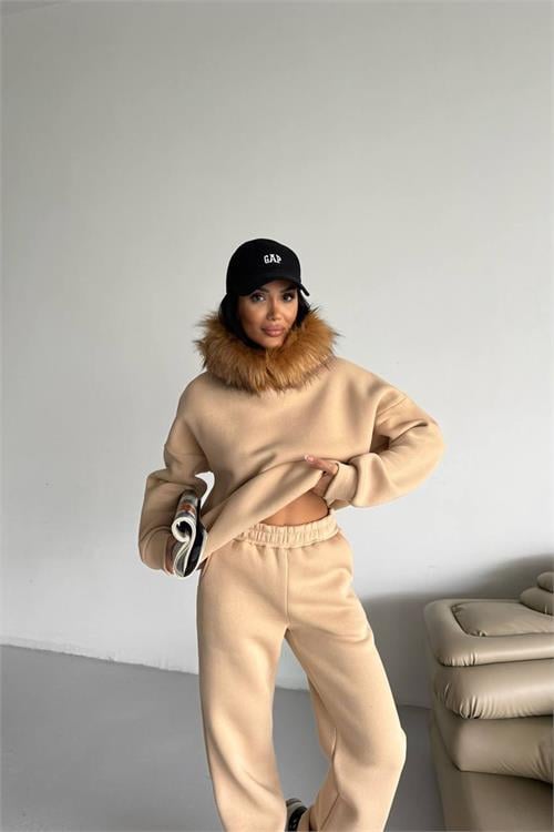 Dipmoda kadın kürk kapüşonlu 3 iplik oversize eşofman takımı DPTQ001
