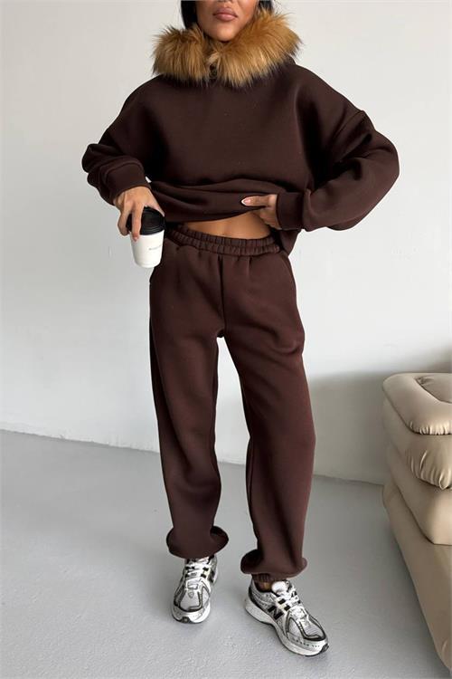 Dipmoda kadın kürk kapüşonlu 3 iplik oversize eşofman takımı DPTQ001