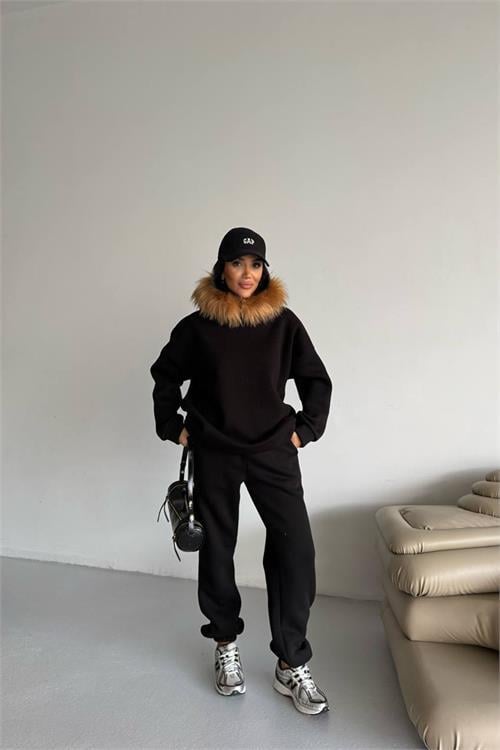 Dipmoda kadın kürk kapüşonlu 3 iplik oversize eşofman takımı DPTQ001