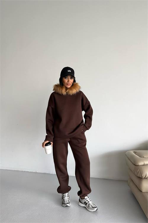 Dipmoda kadın kürk kapüşonlu 3 iplik oversize eşofman takımı DPTQ001