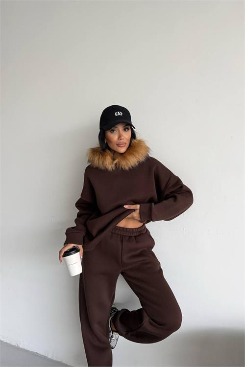Dipmoda kadın kürk kapüşonlu 3 iplik oversize eşofman takımı DPTQ001