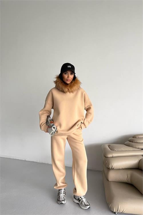 Dipmoda kadın kürk kapüşonlu 3 iplik oversize eşofman takımı DPTQ001
