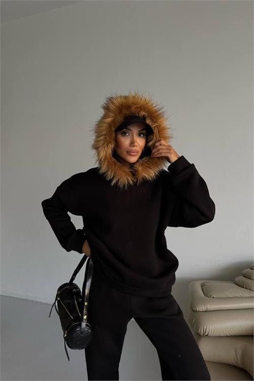 Dipmoda kadın kürk kapüşonlu 3 iplik oversize eşofman takımı DPTQ001