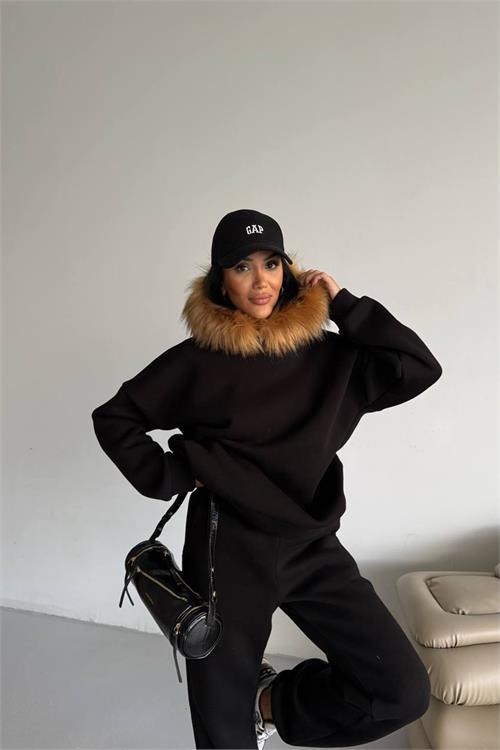 Dipmoda kadın kürk kapüşonlu 3 iplik oversize eşofman takımı DPTQ001