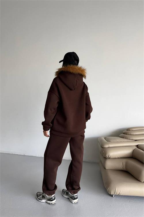 Dipmoda kadın kürk kapüşonlu 3 iplik oversize eşofman takımı DPTQ001