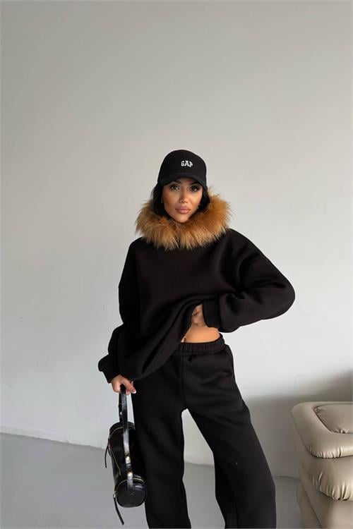 Dipmoda kadın kürk kapüşonlu 3 iplik oversize eşofman takımı DPTQ001