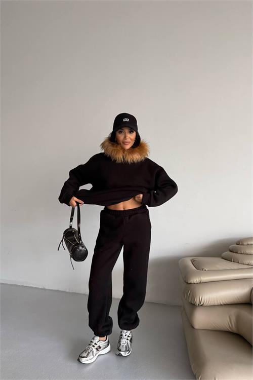 Dipmoda kadın kürk kapüşonlu 3 iplik oversize eşofman takımı DPTQ001
