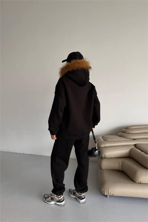 Dipmoda kadın kürk kapüşonlu 3 iplik oversize eşofman takımı DPTQ001