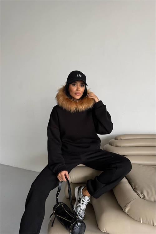 Dipmoda kadın kürk kapüşonlu 3 iplik oversize eşofman takımı DPTQ001