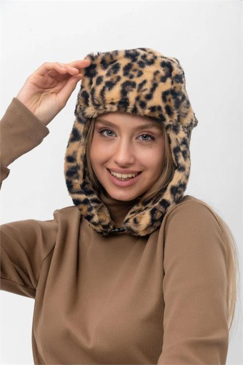 Dipmoda kadın kürklü kulaklıklı leopar desen pilot şapka DPAKS010