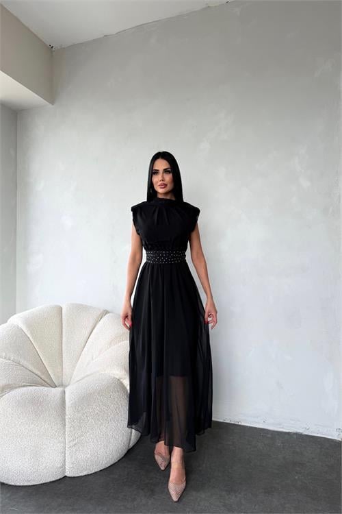 Dipmoda kadın kuşağı taş detaylı midi şifon elbise DPMY3509