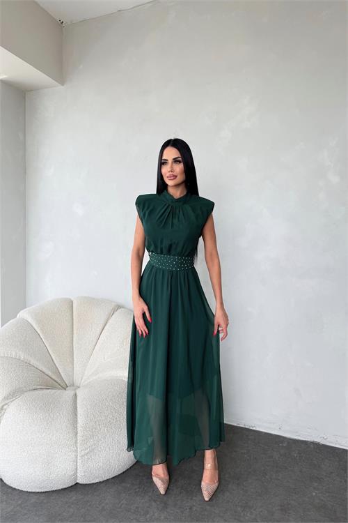 Dipmoda kadın kuşağı taş detaylı midi şifon elbise DPMY3509