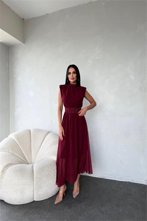 Dipmoda kadın kuşağı taş detaylı midi şifon elbise DPMY3509