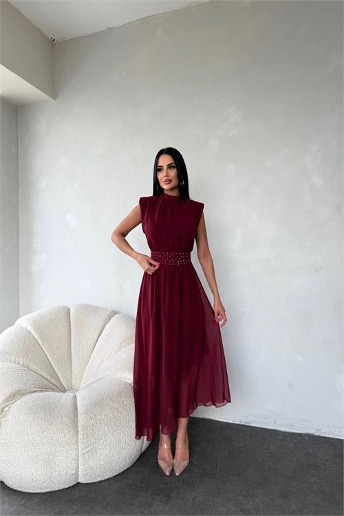 Dipmoda kadın kuşağı taş detaylı midi şifon elbise DPMY3509